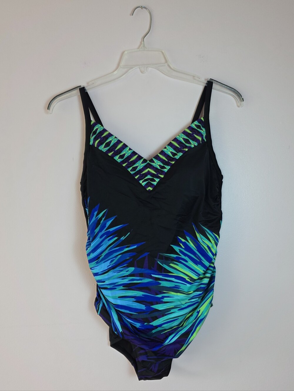 Black One-Piece Swimsuit with Blue & Green Burst Print